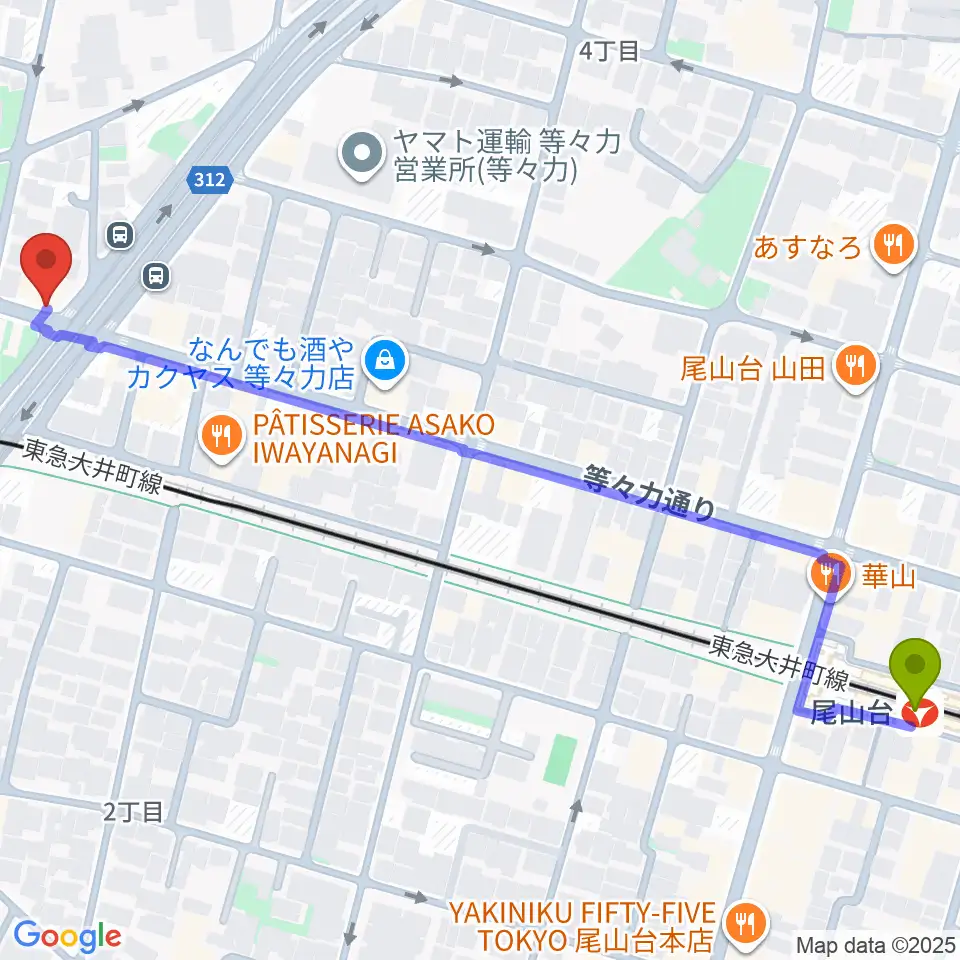 尾山台駅からstudio LABOへのルートマップ地図