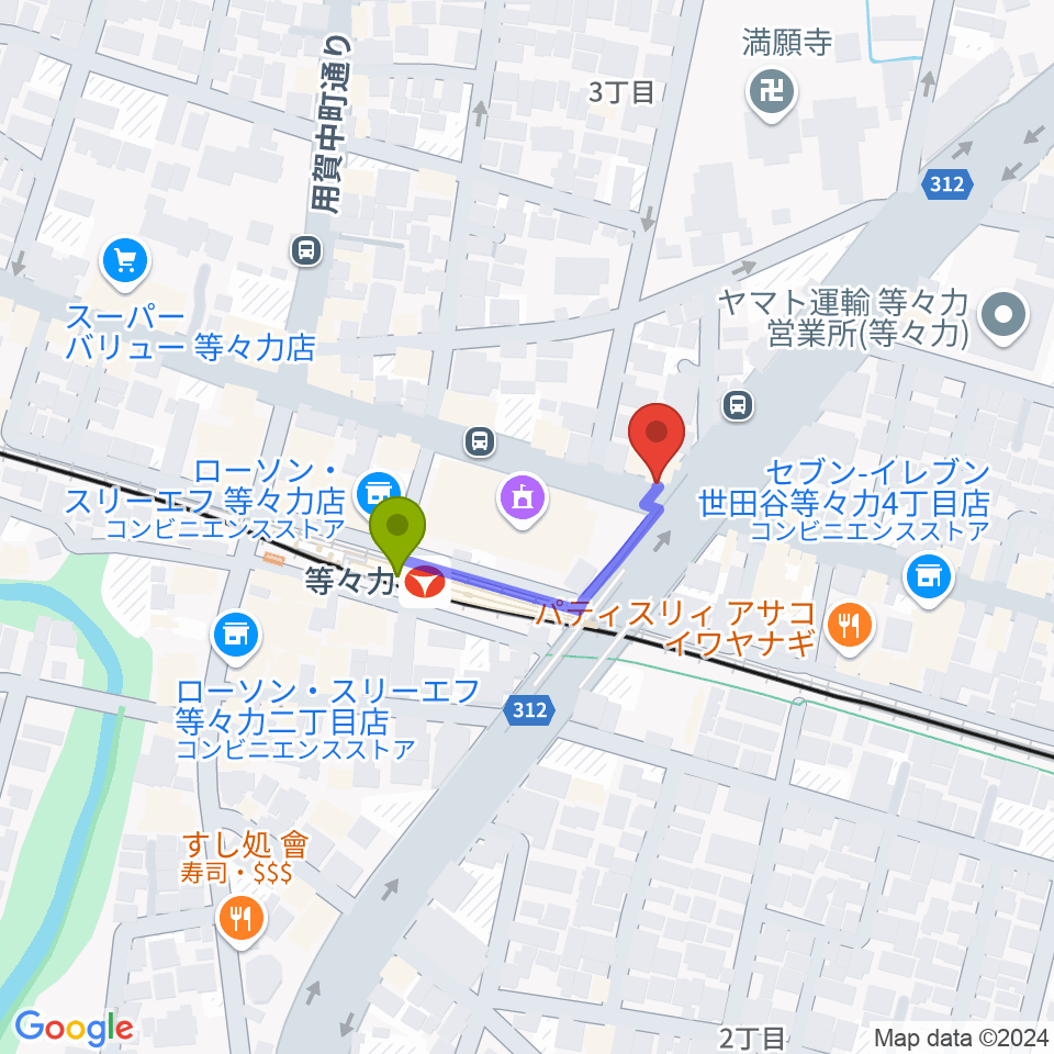 studio LABOの最寄駅等々力駅からの徒歩ルート（約2分）地図