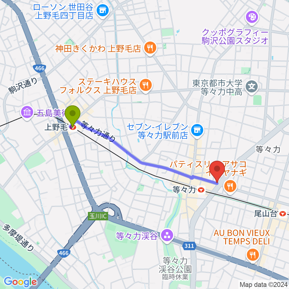 上野毛駅からstudio LABOへのルートマップ地図