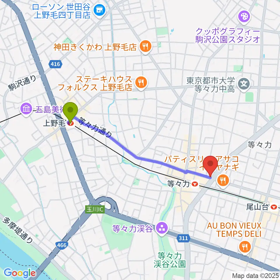 上野毛駅からstudio LABOへのルートマップ地図