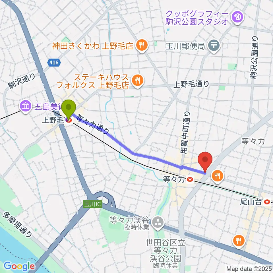 上野毛駅からstudio LABOへのルートマップ地図