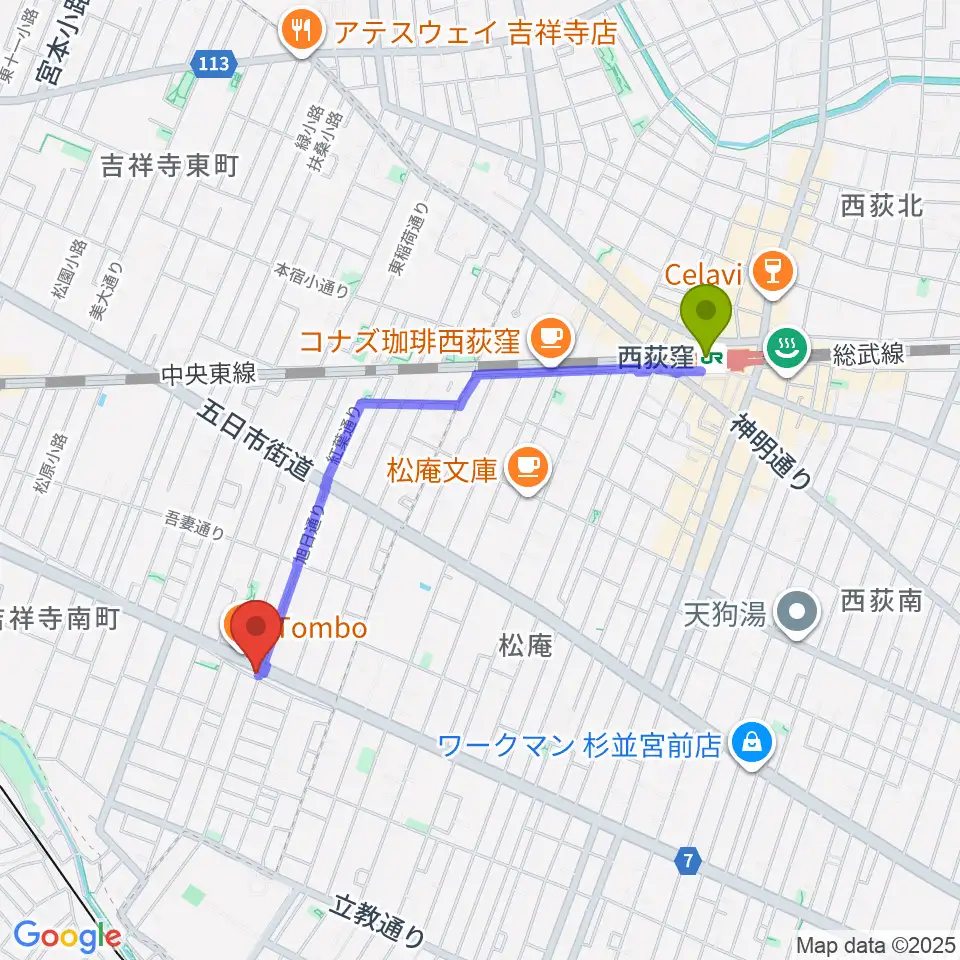 西荻窪駅からAir GARAGEへのルートマップ地図
