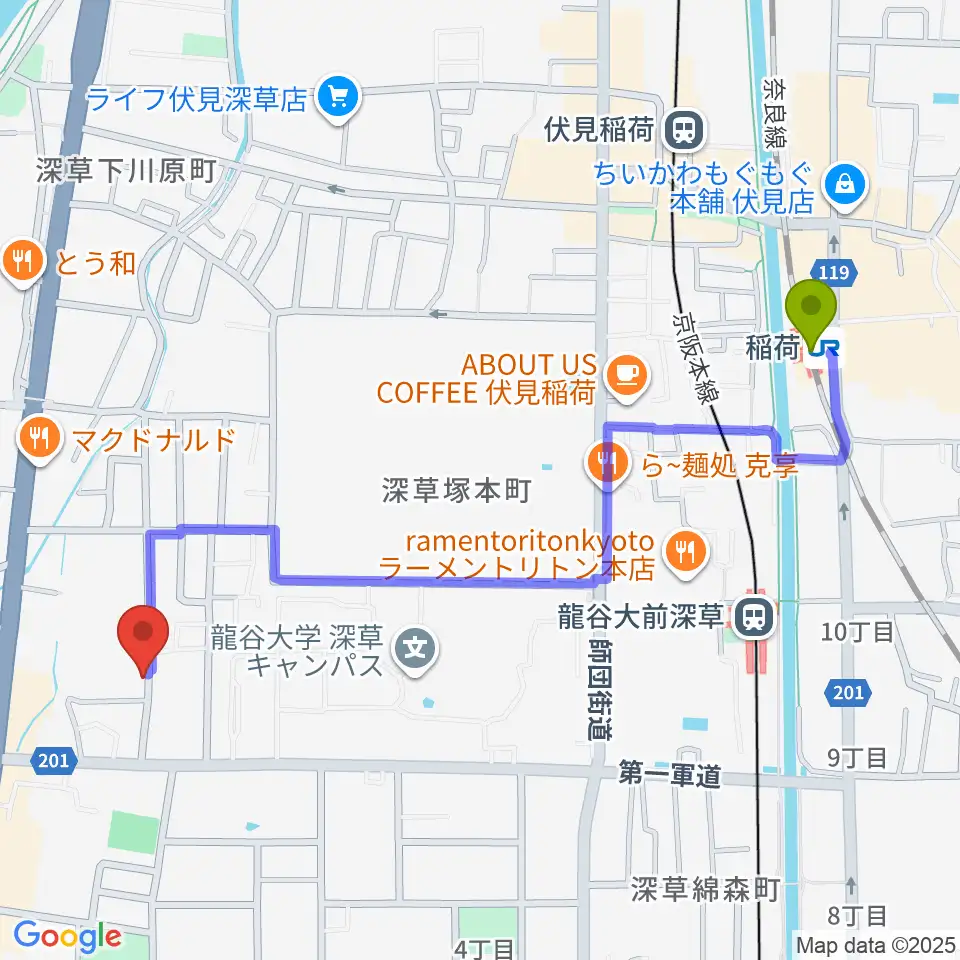 稲荷駅からジョニーのギター教室へのルートマップ地図