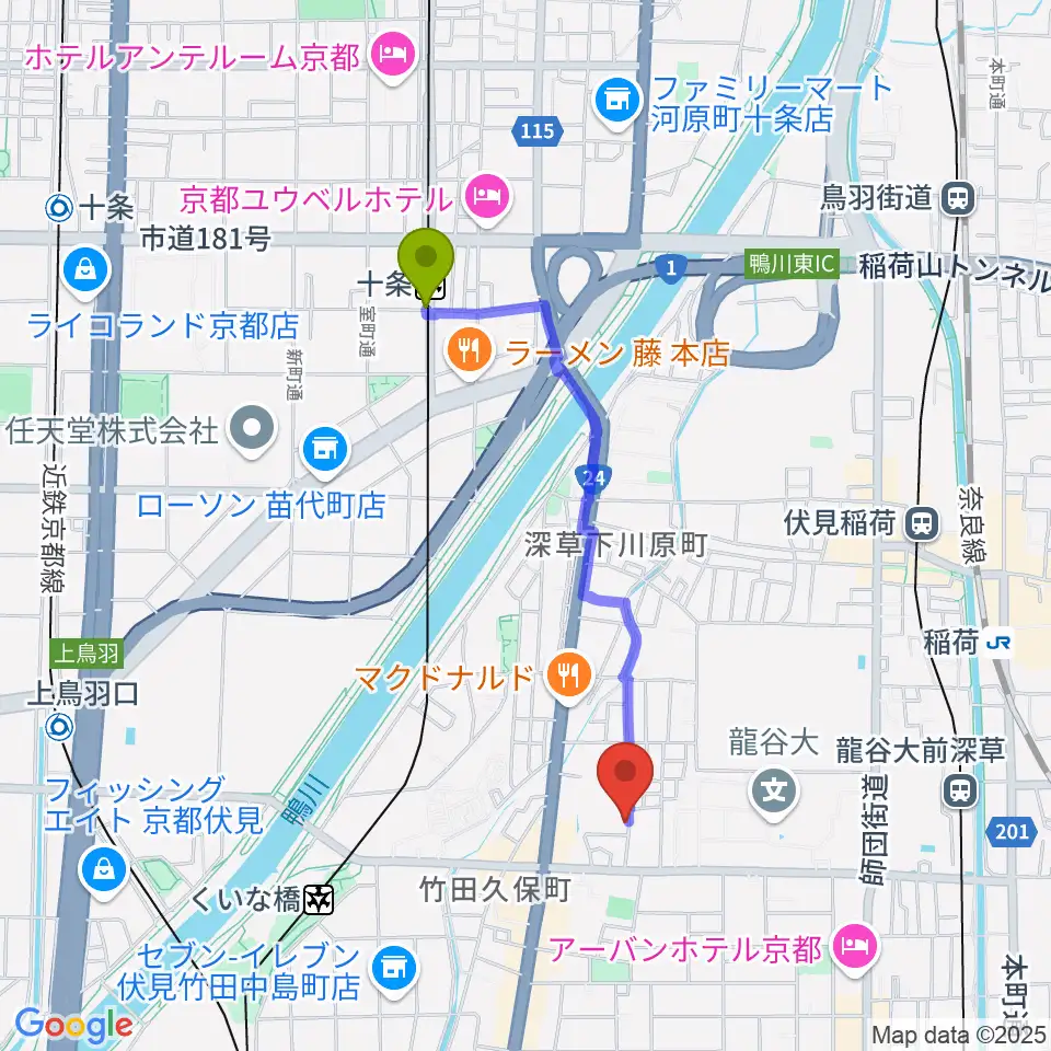 十条駅からジョニーのギター教室へのルートマップ地図