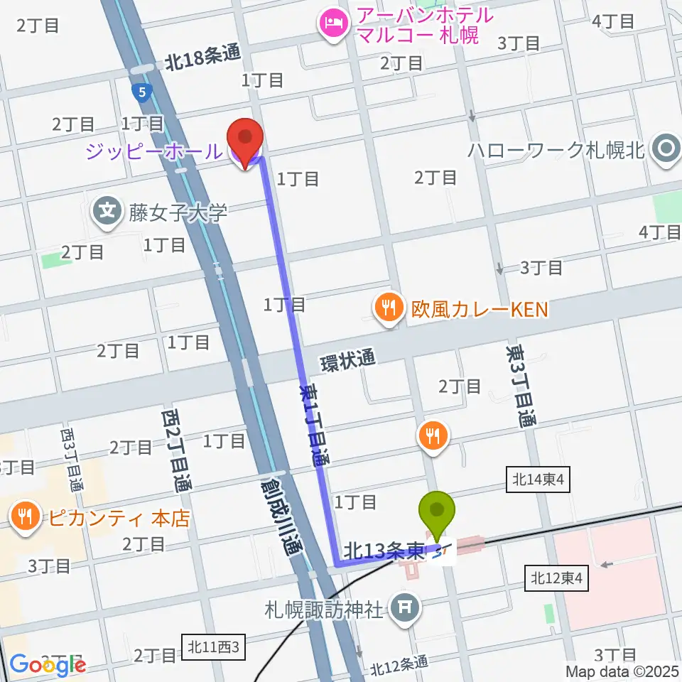 北１３条東駅からリアル・ボイスへのルートマップ地図