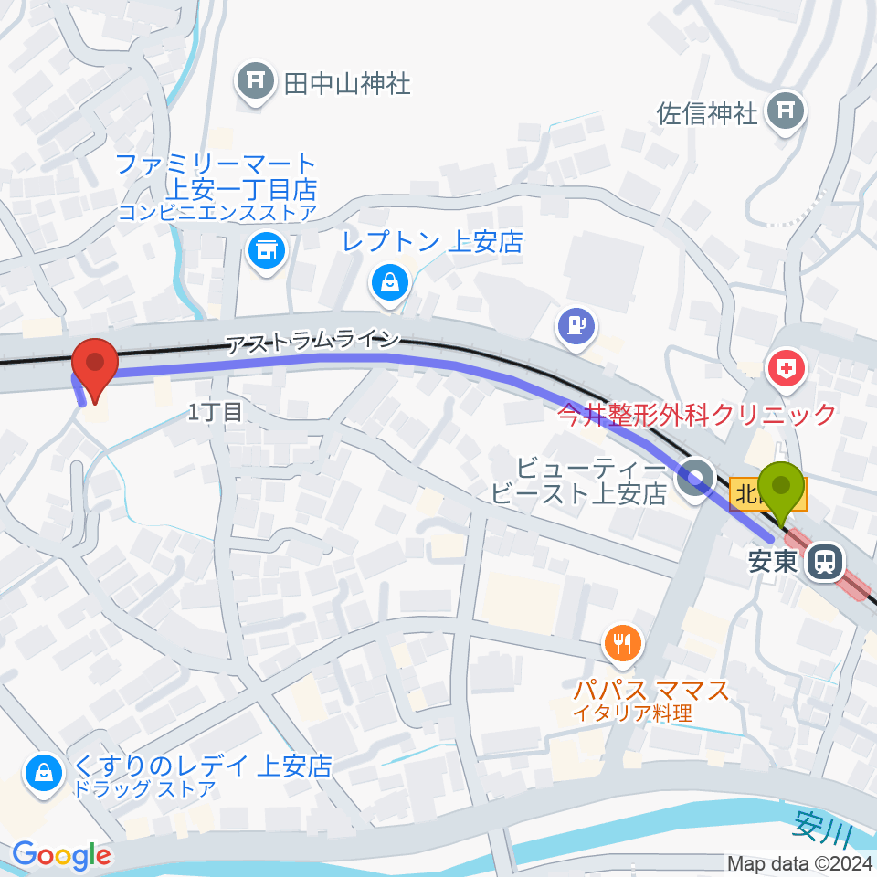 フォレスト楽器広島店の最寄駅安東駅からの徒歩ルート（約6分）地図