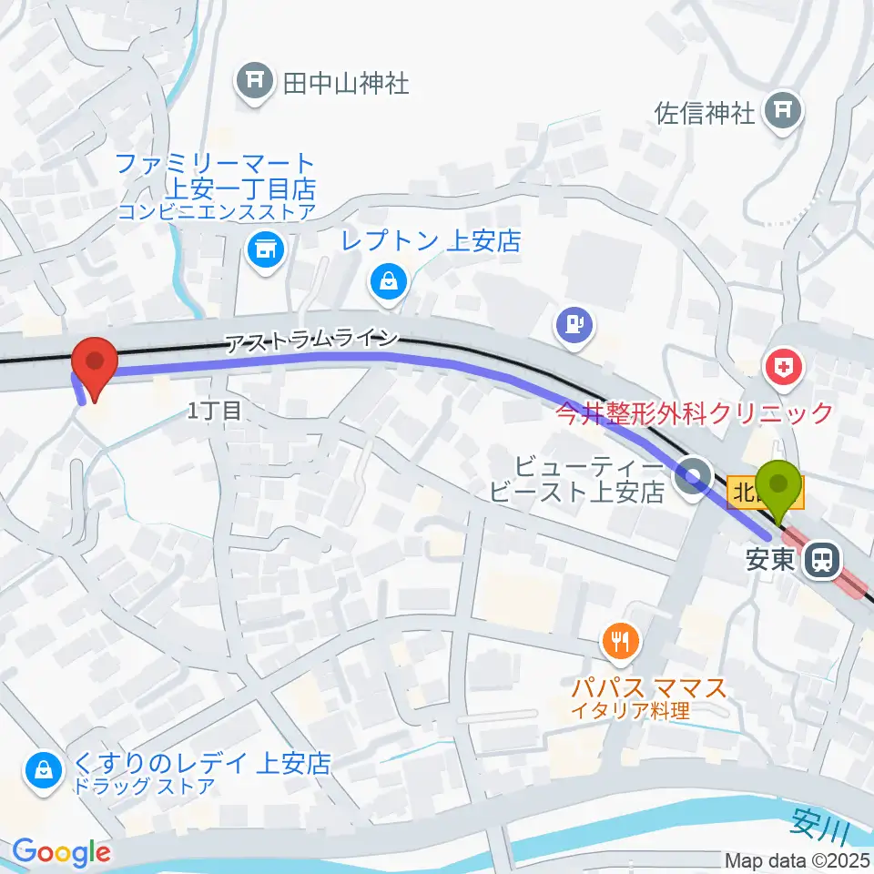 フォレスト楽器広島店の最寄駅安東駅からの徒歩ルート（約6分）地図