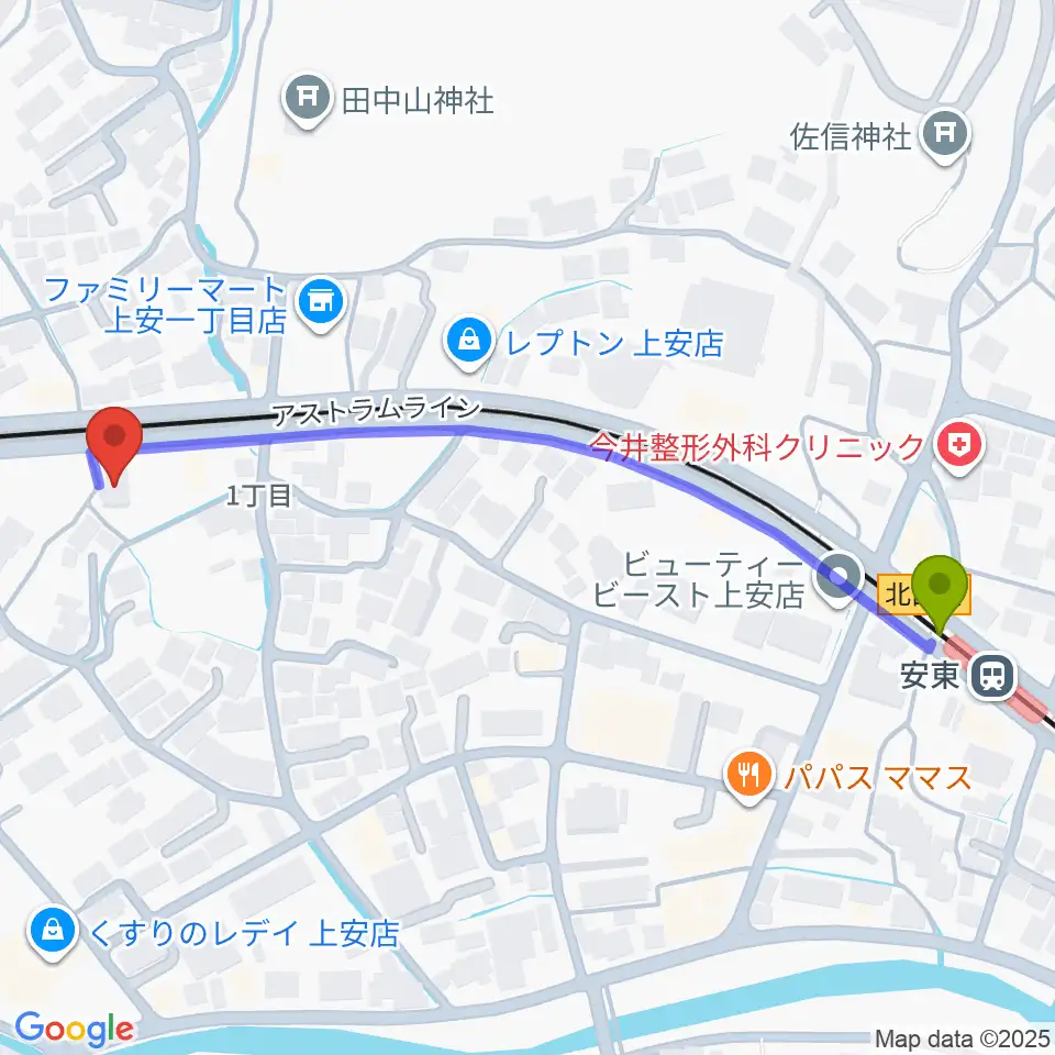 フォレスト楽器広島店の最寄駅安東駅からの徒歩ルート（約6分）地図