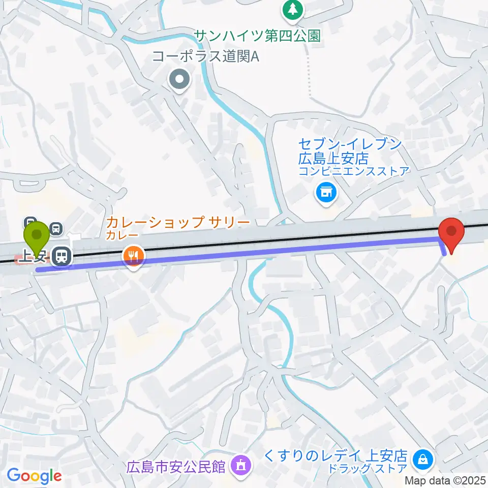 上安駅からフォレスト楽器広島店へのルートマップ地図