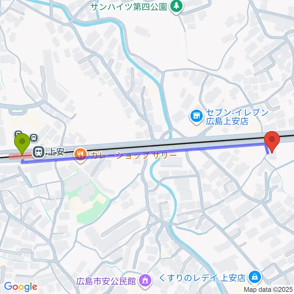 上安駅からフォレスト楽器広島店へのルートマップ地図
