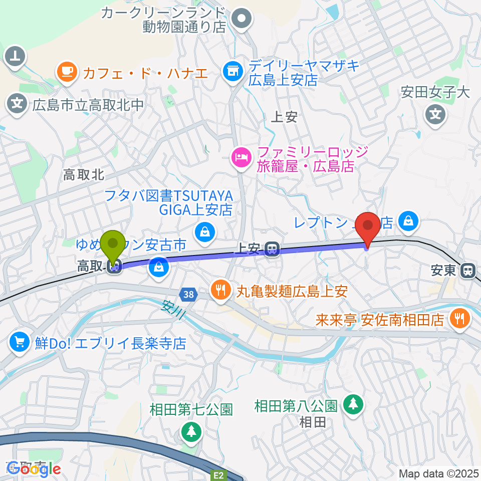 高取駅からフォレスト楽器広島店へのルートマップ地図