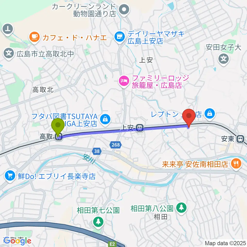 高取駅からフォレスト楽器広島店へのルートマップ地図