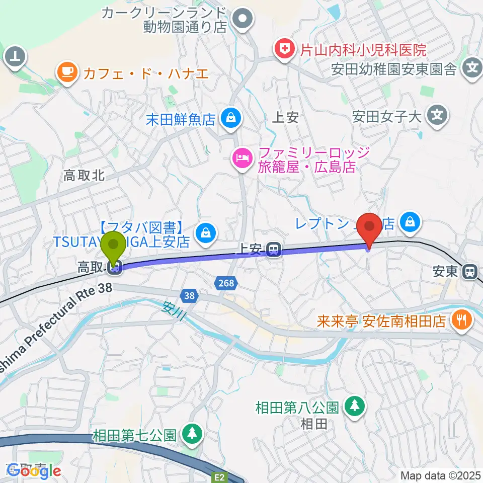 高取駅からフォレスト楽器広島店へのルートマップ地図