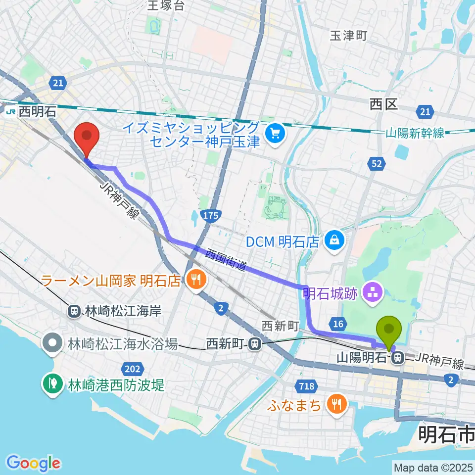 明石駅からスタジオトライアードへのルートマップ地図