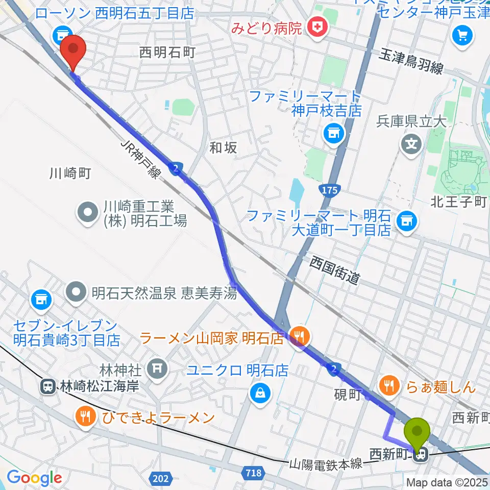 西新町駅からスタジオトライアードへのルートマップ地図