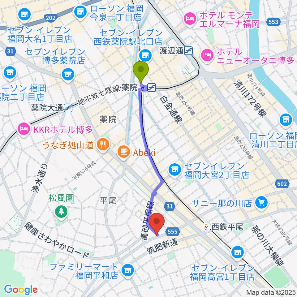 薬院駅からSTS STUDIOへのルートマップ地図