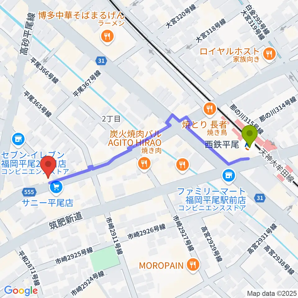 STS STUDIOの最寄駅西鉄平尾駅からの徒歩ルート（約5分）地図