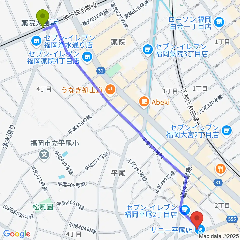 薬院大通駅からSTS STUDIOへのルートマップ地図