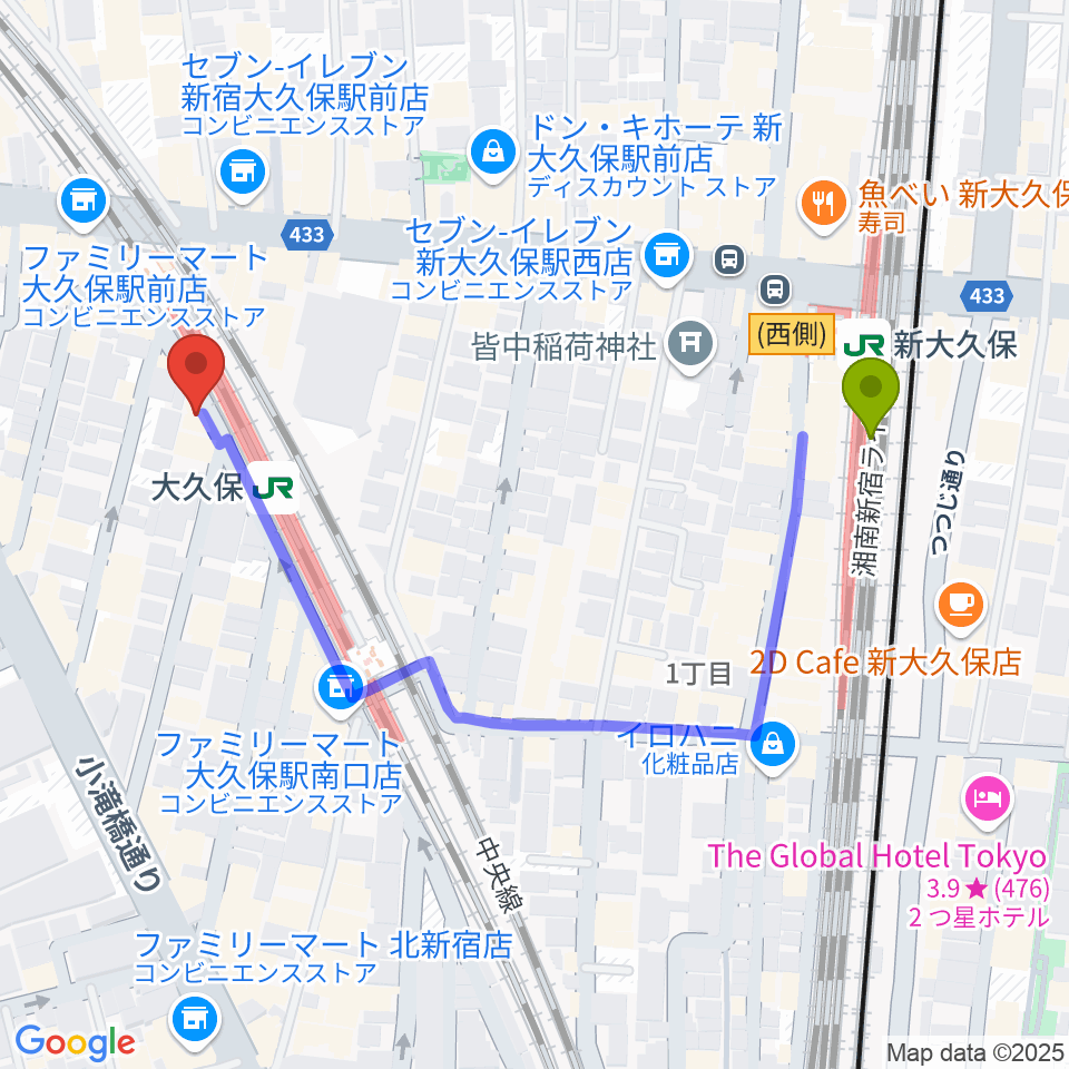 新大久保駅から大久保スタジオMへのルートマップ地図