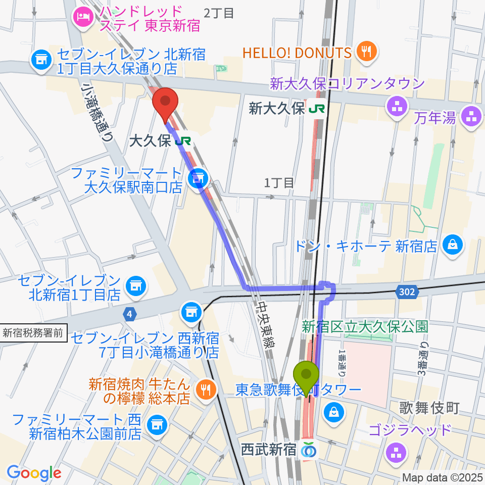 西武新宿駅から大久保スタジオMへのルートマップ地図