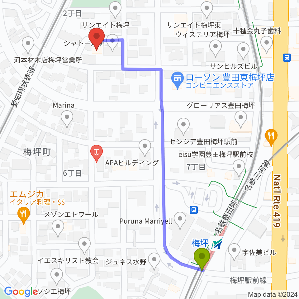 梅坪駅からマルショー楽器豊田店へのルートマップ地図