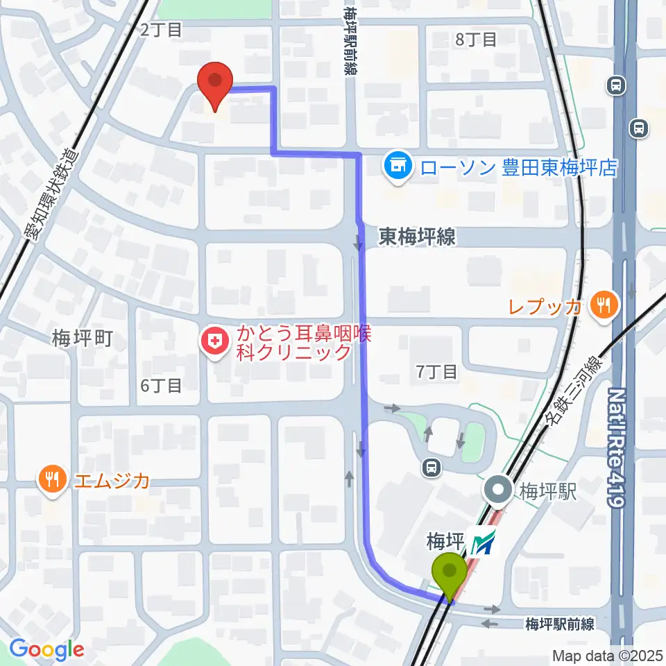 梅坪駅からマルショー楽器豊田店へのルートマップ地図