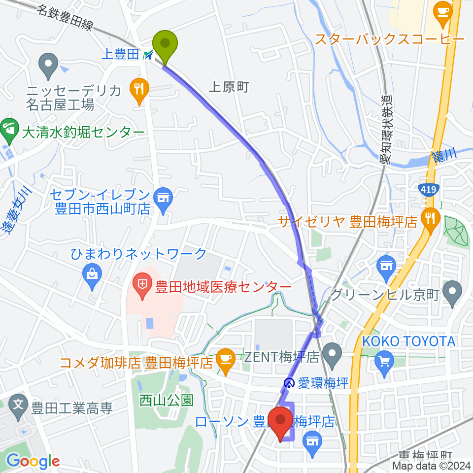 上豊田駅からマルショー楽器豊田店へのルートマップ地図