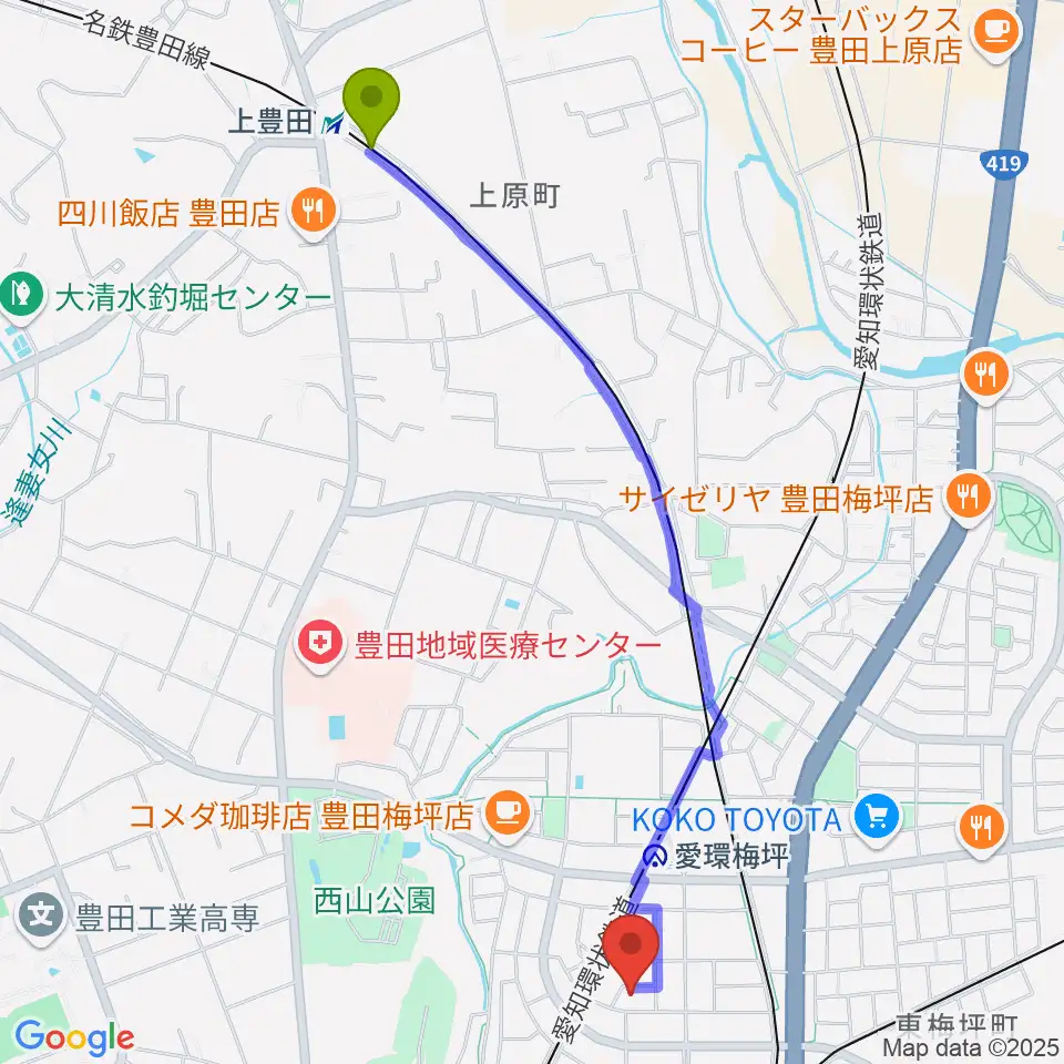 上豊田駅からマルショー楽器豊田店へのルートマップ地図