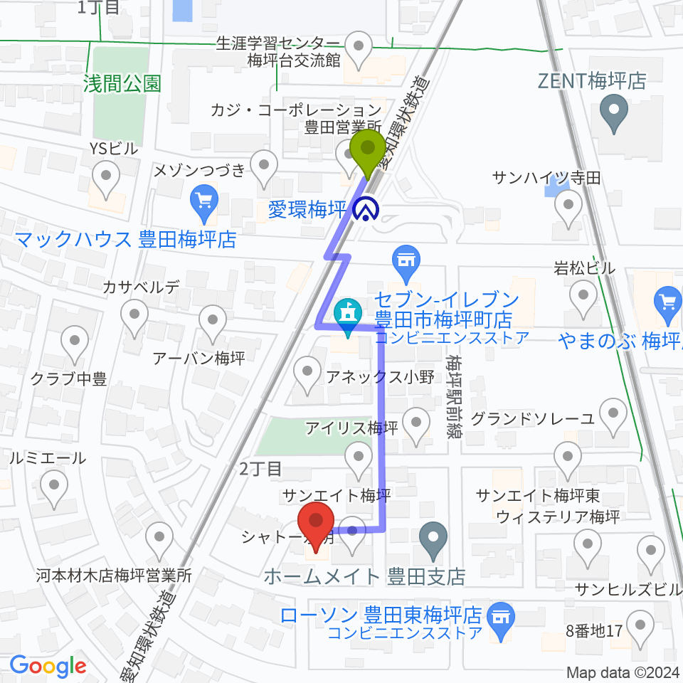 マルショー楽器豊田店の最寄駅愛環梅坪駅からの徒歩ルート（約4分）地図
