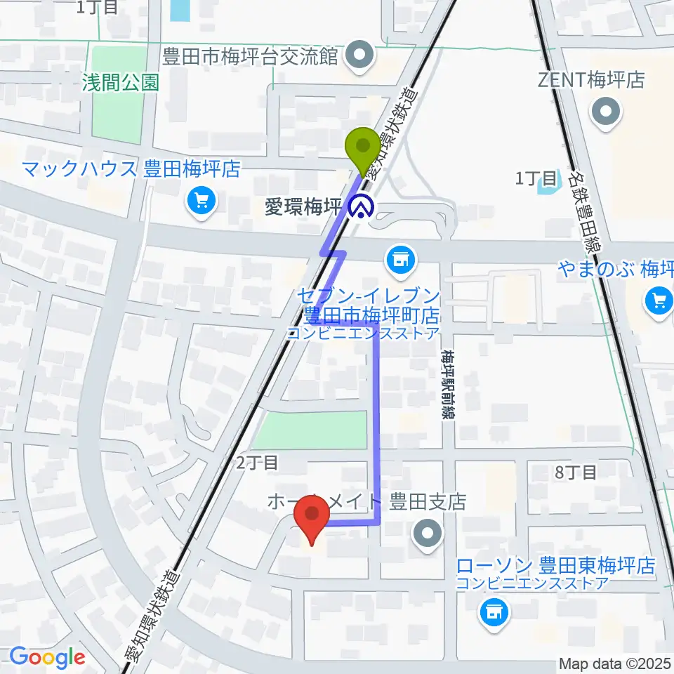 マルショー楽器豊田店の最寄駅愛環梅坪駅からの徒歩ルート（約4分）地図