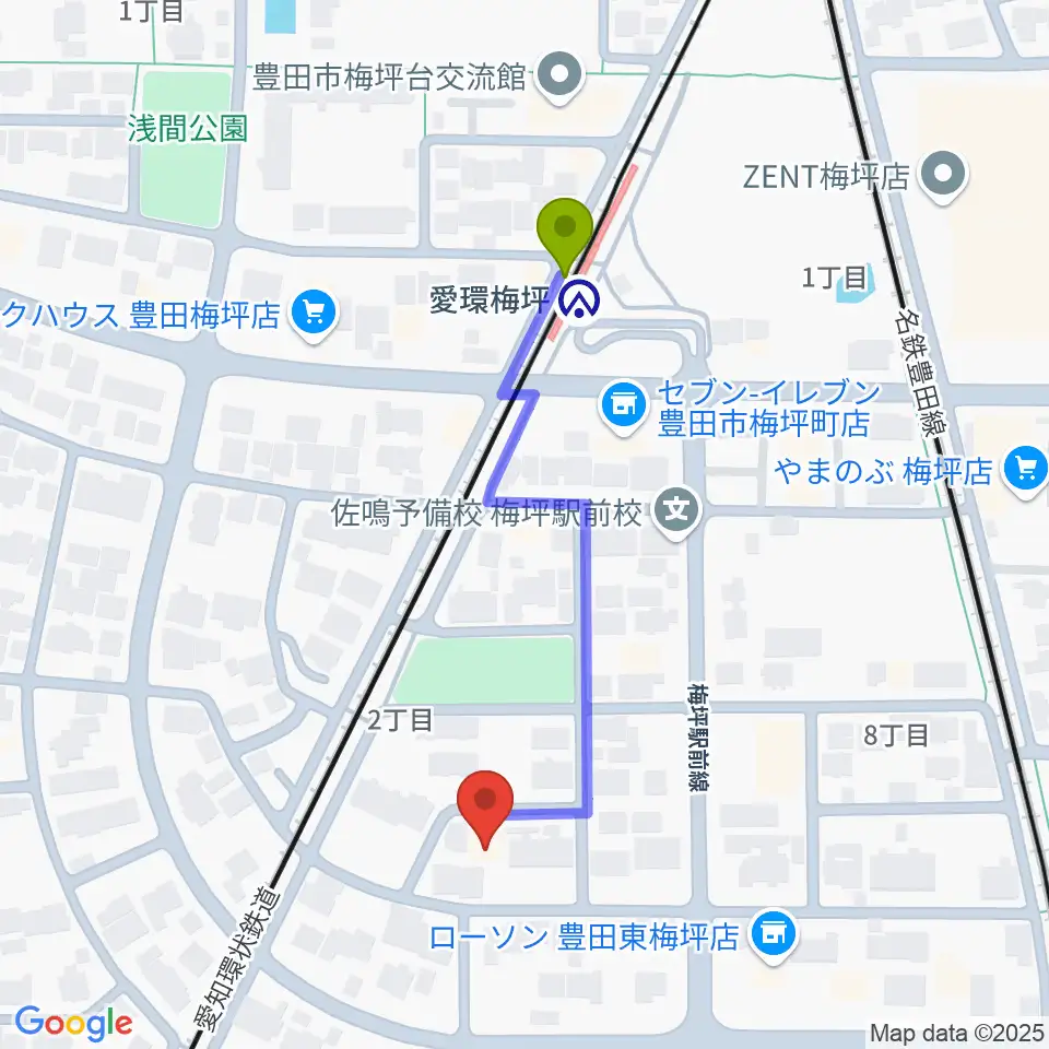 マルショー楽器豊田店の最寄駅愛環梅坪駅からの徒歩ルート（約4分）地図