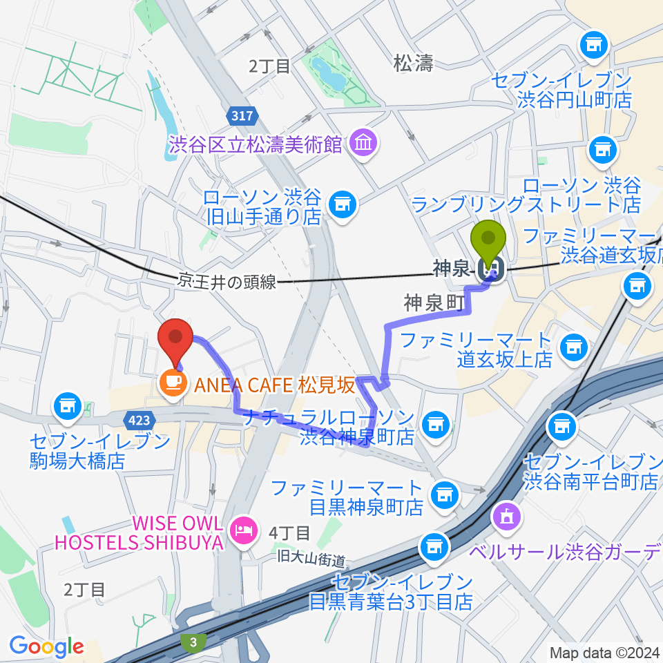 Studio Musicolore（ミュジコロール）の最寄駅神泉駅からの徒歩ルート（約8分）地図