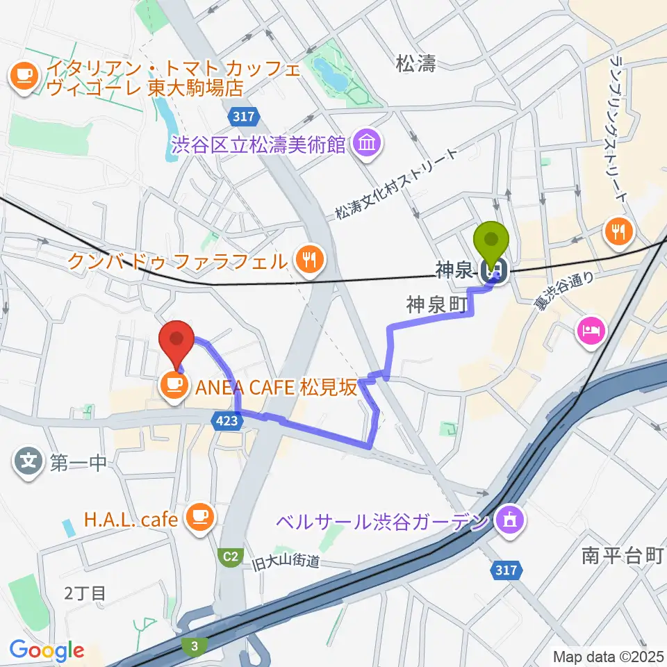 Studio Musicolore（ミュジコロール）の最寄駅神泉駅からの徒歩ルート（約8分）地図