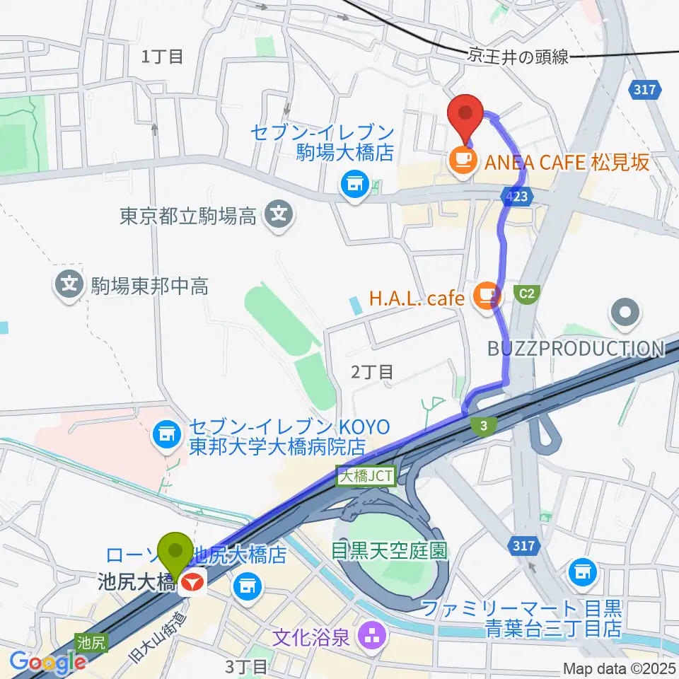 池尻大橋駅からStudio Musicolore（ミュジコロール）へのルートマップ地図