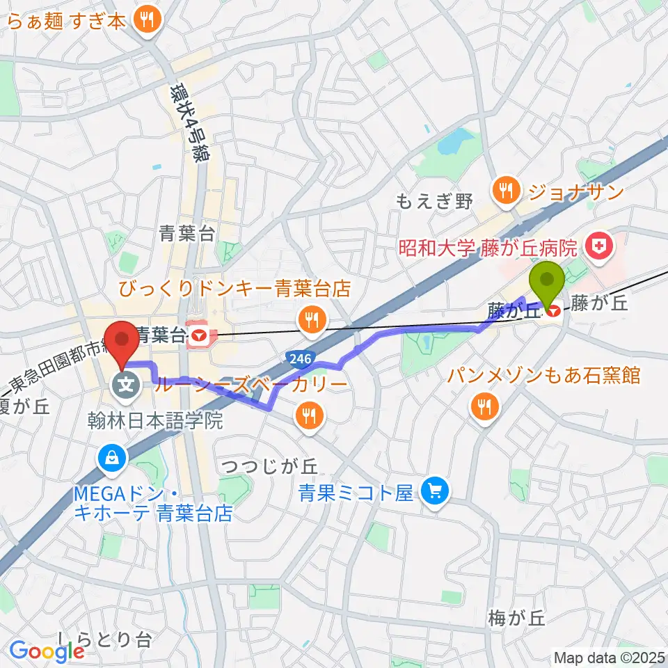 藤が丘駅からアリオーネ音楽教室へのルートマップ地図