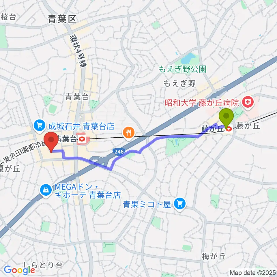 藤が丘駅からアリオーネ音楽教室へのルートマップ地図