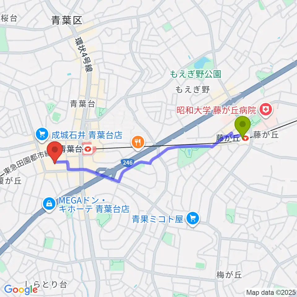 藤が丘駅からアリオーネ音楽教室へのルートマップ地図