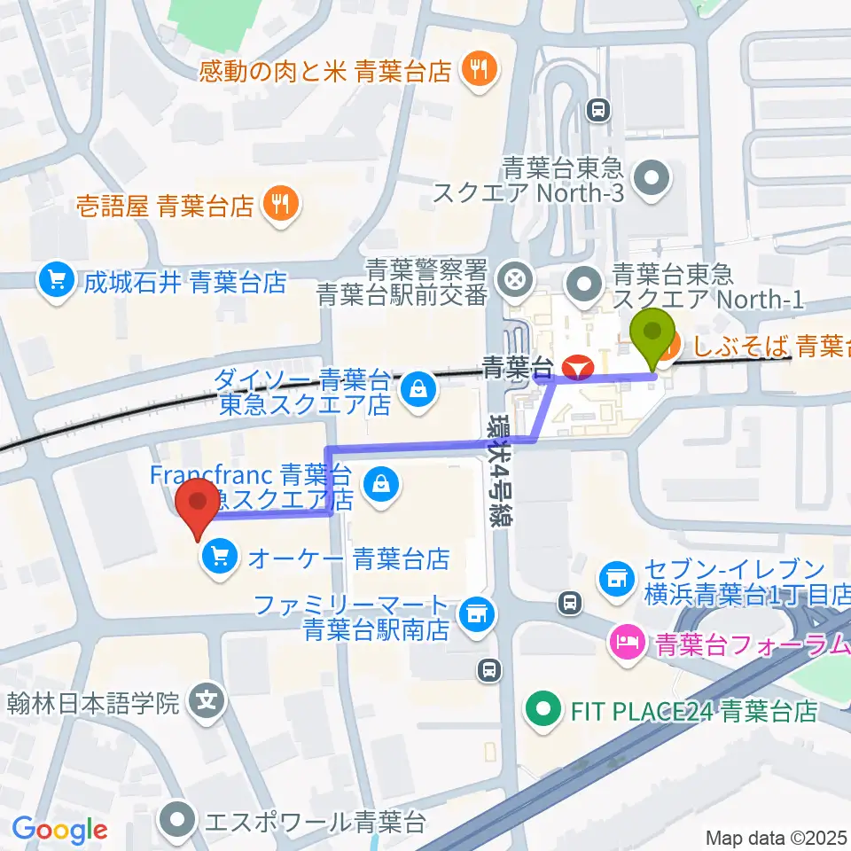 アリオーネ音楽教室の最寄駅青葉台駅からの徒歩ルート（約4分）地図
