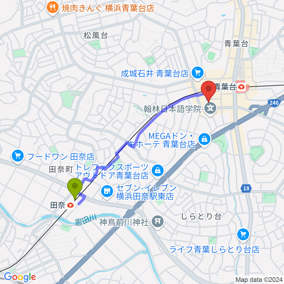 田奈駅からアリオーネ音楽教室へのルートマップ地図