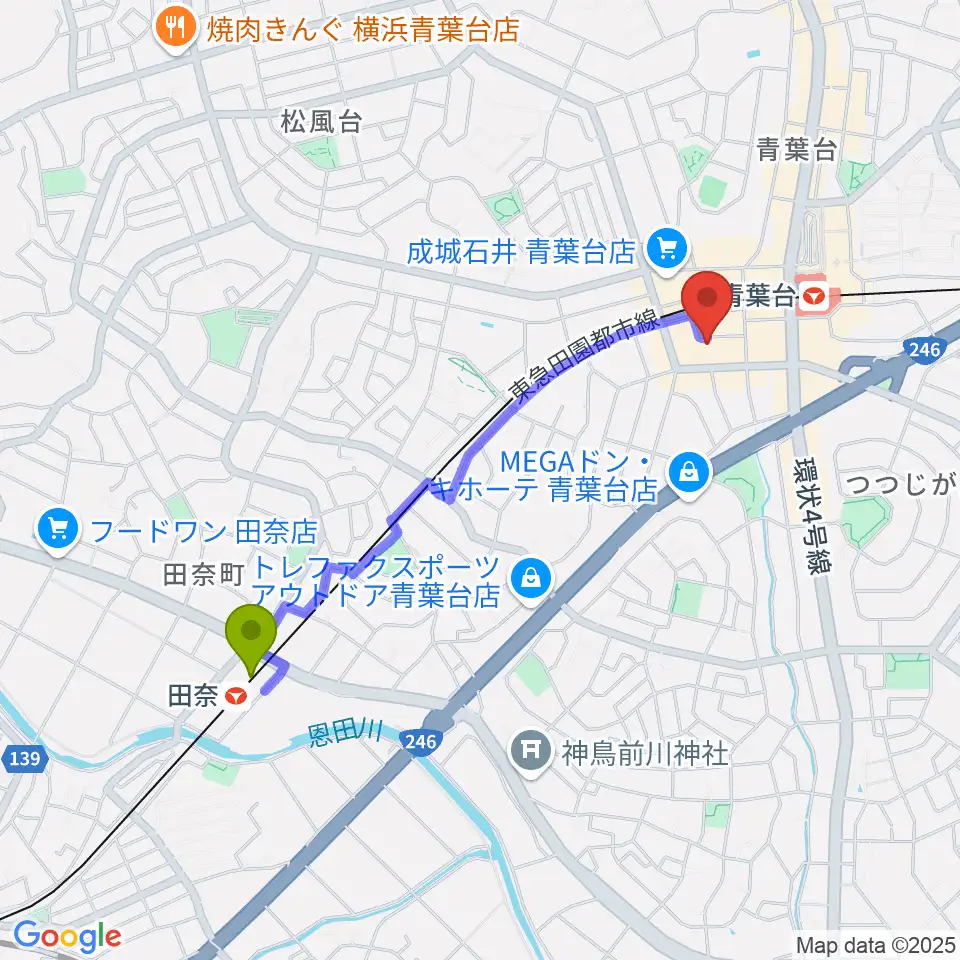 田奈駅からアリオーネ音楽教室へのルートマップ地図