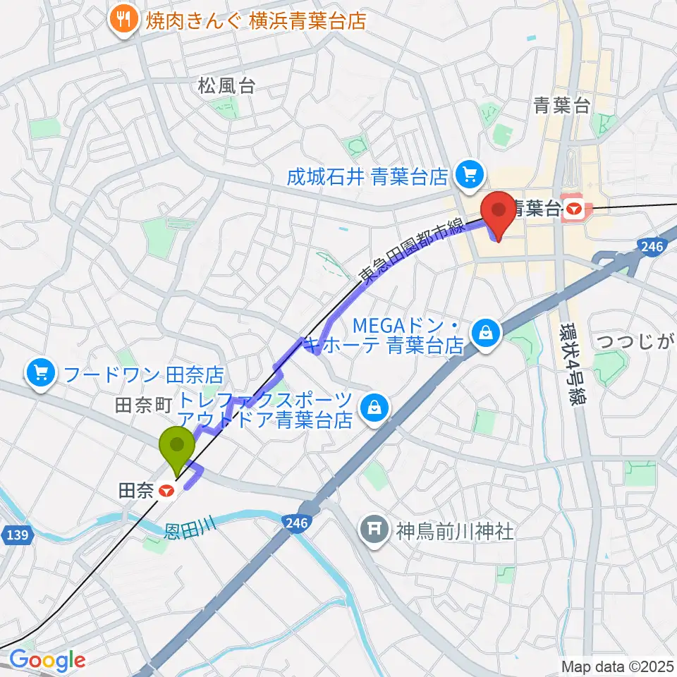 田奈駅からアリオーネ音楽教室へのルートマップ地図