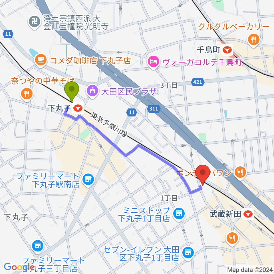 下丸子駅から弦楽器専門店ケー・エム・アーツへのルートマップ地図