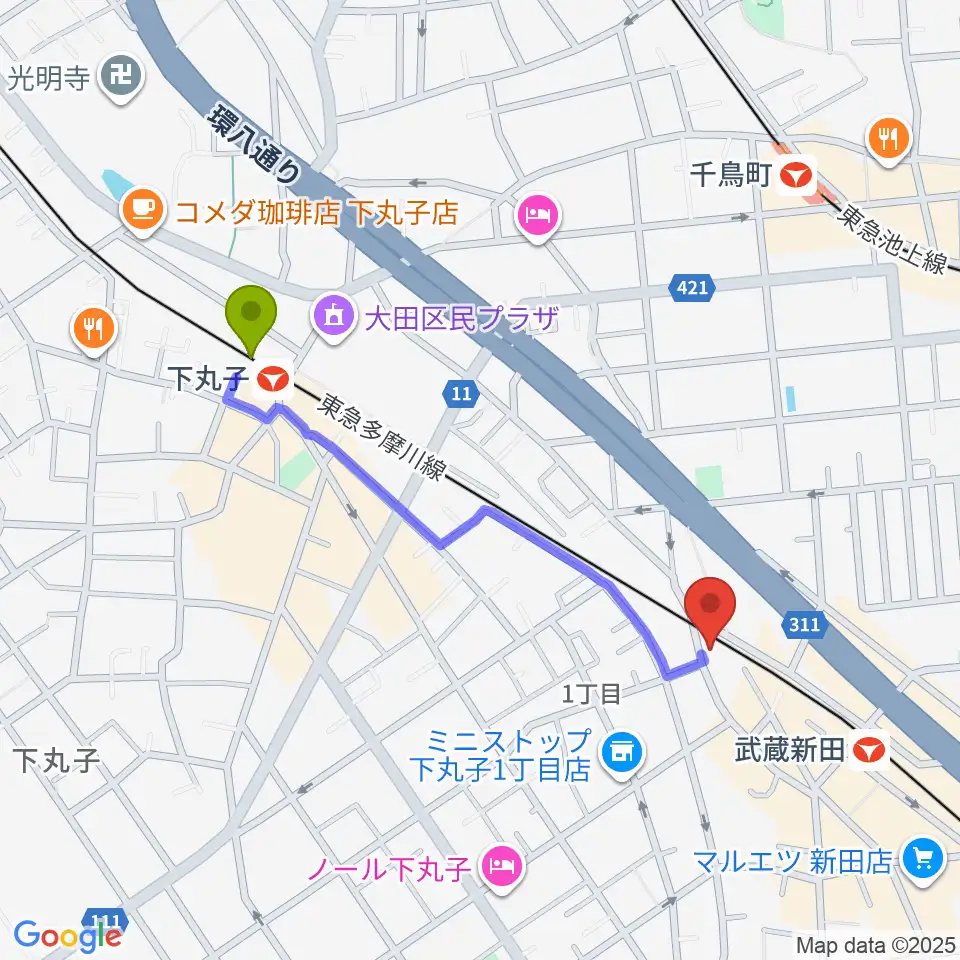 下丸子駅から弦楽器専門店ケー・エム・アーツへのルートマップ地図
