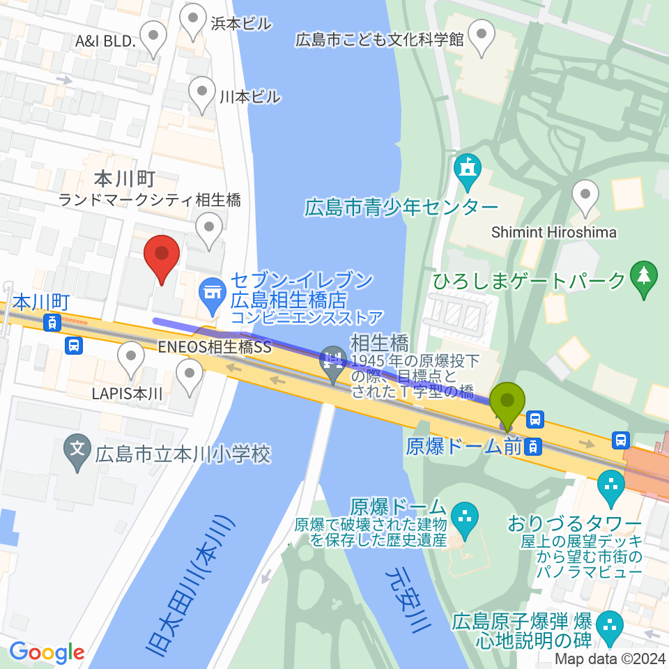 原爆ドーム前駅から藤井音楽教室へのルートマップ地図