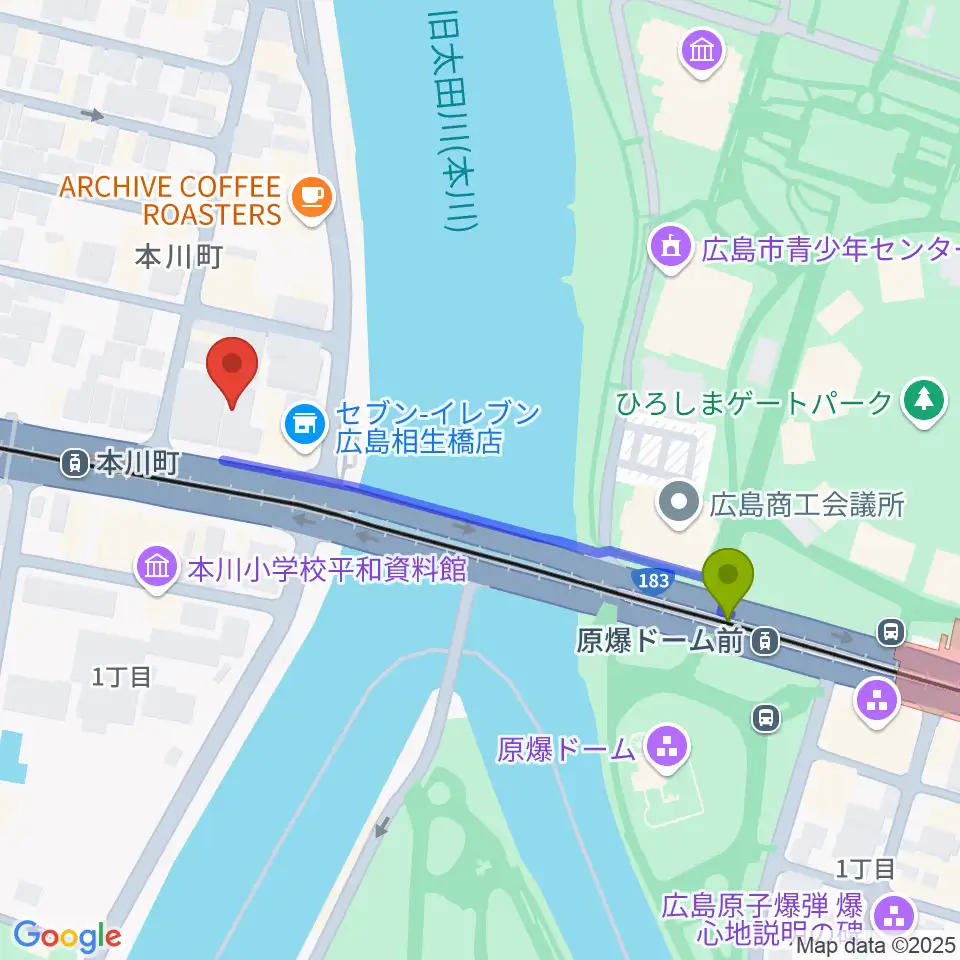 原爆ドーム前駅から藤井音楽教室へのルートマップ地図