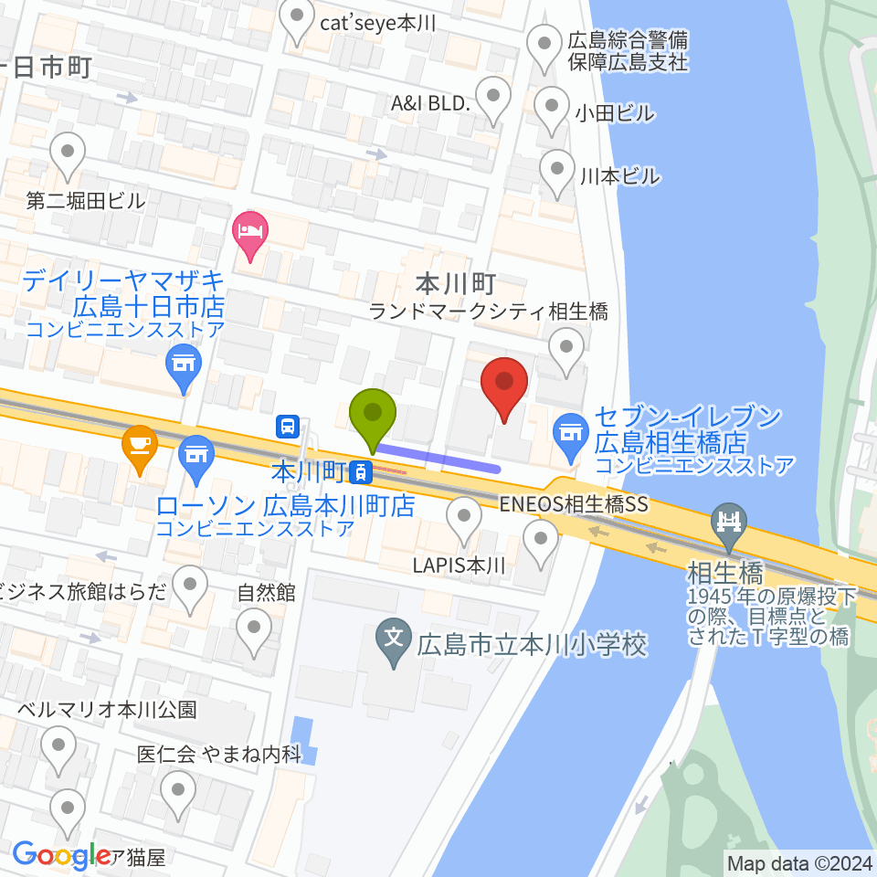 藤井音楽教室の最寄駅本川町駅からの徒歩ルート（約1分）地図