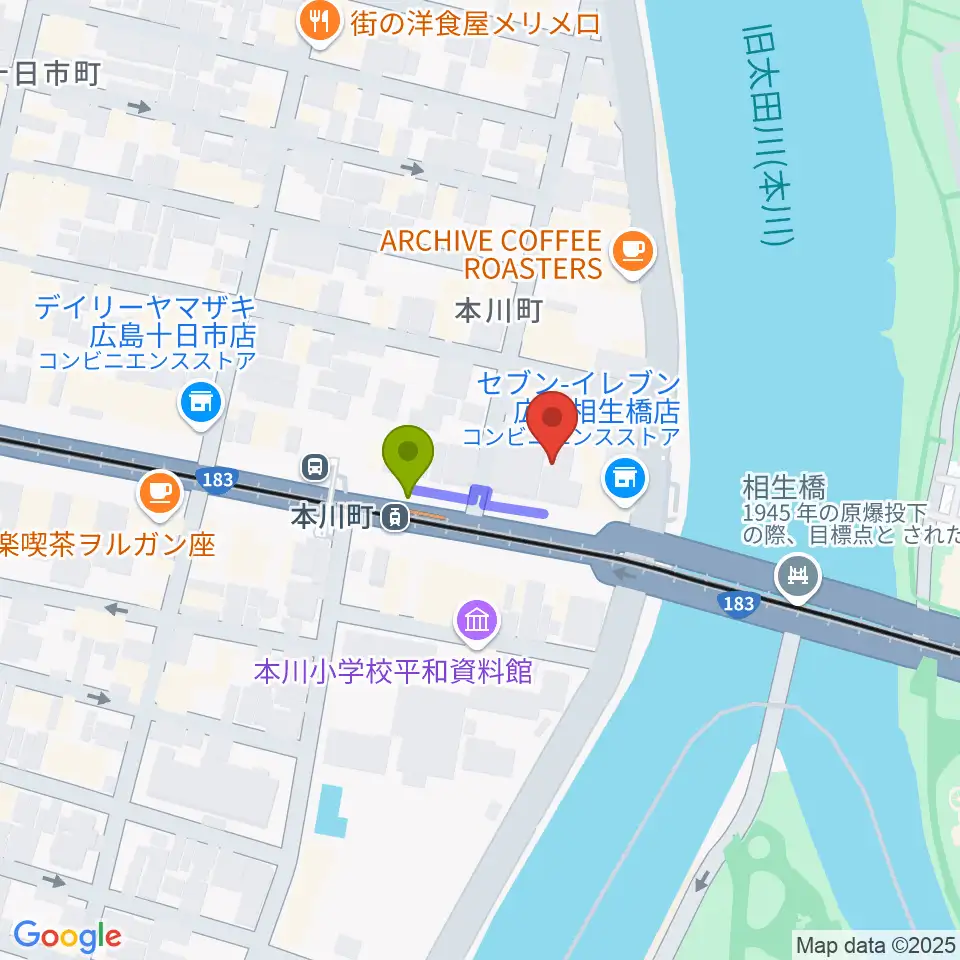 藤井音楽教室の最寄駅本川町駅からの徒歩ルート（約1分）地図