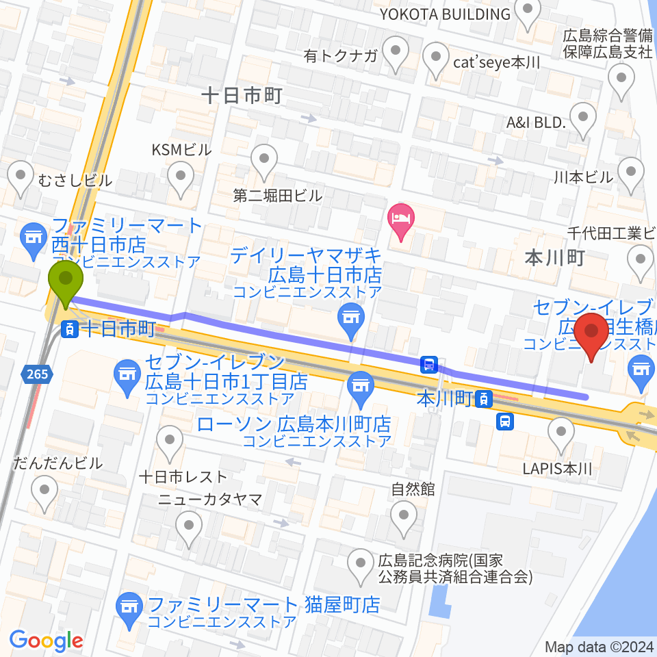 十日市町駅から藤井音楽教室へのルートマップ地図