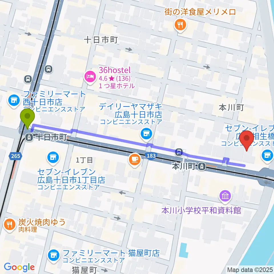 十日市町駅から藤井音楽教室へのルートマップ地図