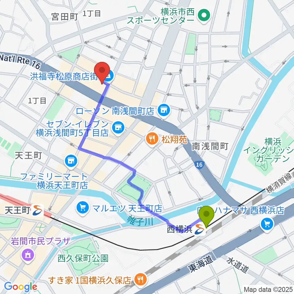 西横浜駅からスタジオOUT of DATEへのルートマップ地図